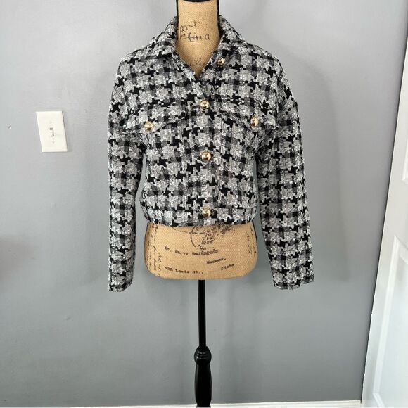 Sz S Ophelia Roe Black& White Houndstooth Tweed Cropped Jacket $65 MSRP - Picture 3 of 10